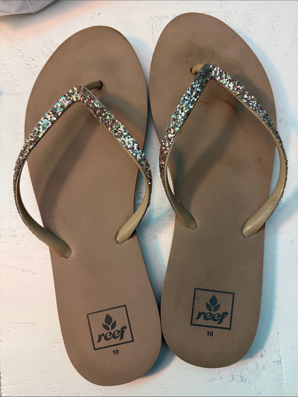 Reef Women's Tan Flip Flops with Multicolor Glitter Straps